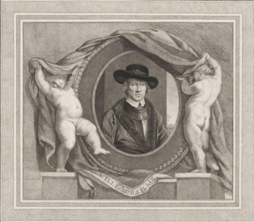 Portrait of William Baillie, print, album page, Two putti reveal a portrait of William Baillie.,