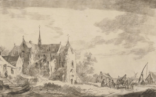 Seaside village with church, print, album page, printmaker: William Baillie, after drawing by Jan