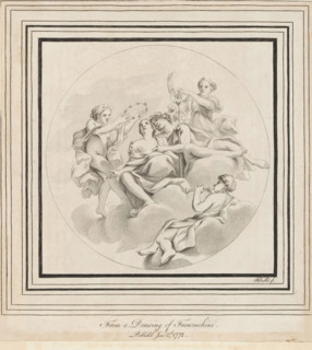 Bacchus and Ariadne, print, album page, Bacchus and Ariadne sitting in the clouds. Around him three