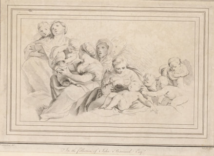 Worried mother and the sick child, print, album page, A woman bends over a sick child in her arms.