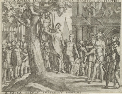 Victor Romam, Suspendit Romulus, Romulus hangs the armor of Acron in a sacred tree on the Capitol,