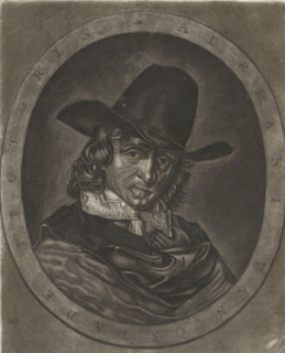 Portrait of Adriaen van Ostade, print, album page. The painter is wearing a hat. In an oval frame,