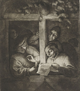 Three singers in an open window by candlelight, print, album page, Satire on the literary