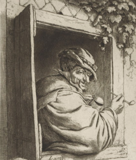 Smoking farmer in a window opening, print, album page, Farmer or man with pipe and drinking cup in