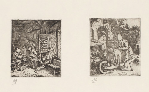 Knife sharpener at work at a shoemaker's, print, album page, A knife sharpener sharpens the tools