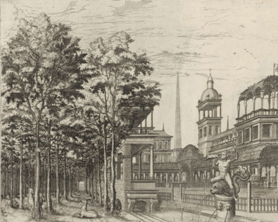 Tree-lined avenue and palace garden, Variae architecturae formae, print, album page, ornamental