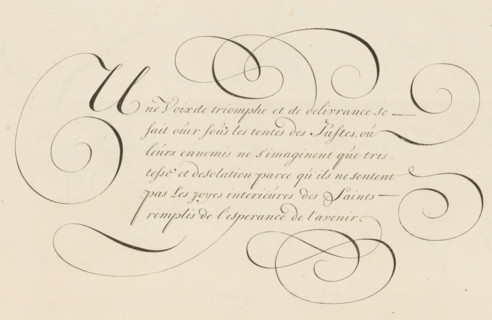 Writing example: Une Voix de triomphe et de delivrance, print, album page, ornament print,
