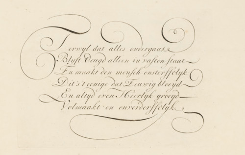 Writing example: While everything undergoes, print, album page, ornamental print, printmaker: