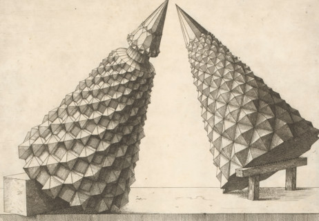 Two polyhedra with a cone as a starting point, print, book illustration, page, Complex geometric