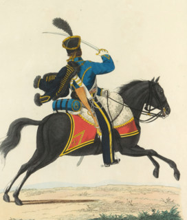 Hussar, on horseback, in full dress, print, A Dutch hussar of the 8th Hussar Regiment, in full