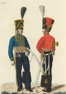 Hussar and Trumpeter, on foot, print, A Dutch hussar and a trumpeter of the 6th Hussar Regiment, on