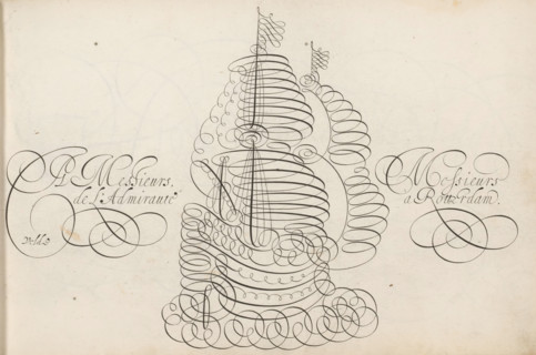 Writing example with admiral's ship, Spieghel der schrijfkonste, print, album page, ornamental