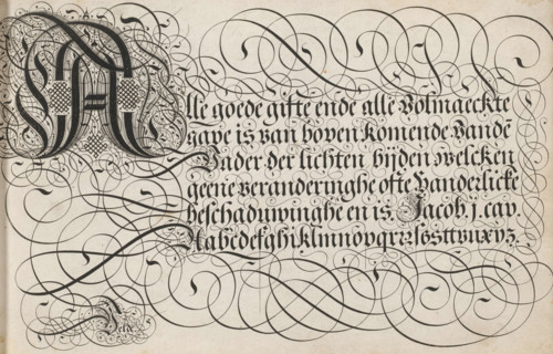 Writing example: Alle goede gifte, Spieghel der schrijfkonste, print, album page, ornamental print,
