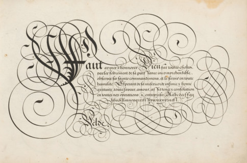 Writing example: Faut aymer, Spieghel der schrijfkonste, print, album page, ornamental print,