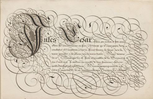 Writing example: Jules Cesar, Spieghel der schrijfkonste, print, album page, ornamental print,