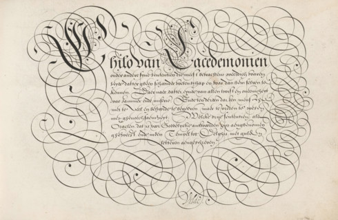 Writing example: Chilo van Lacedemonien, Spieghel der schrijfkonste, print, album page, ornamental