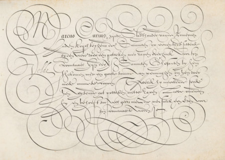 Writing example: Marcus Curius, Spieghel der schrijfkonste, print, album page, ornamental print,