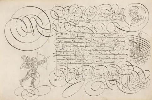 Writing example: A Mons. Jean van de Veke, Spieghel der schrijfkonste, print, albumblad,