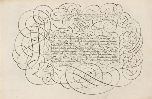 Writing sample: To the widely renowned, Mirror of the Art of Writing, print, album page, ornamental
