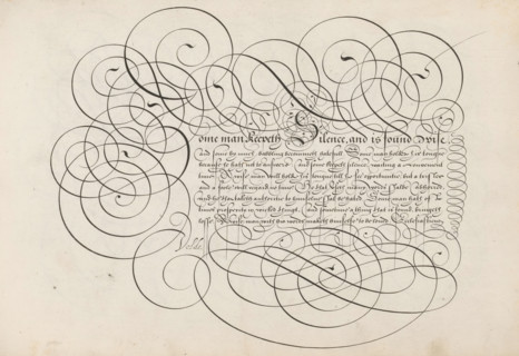 Writing sample: Some man keepeth silence, Spieghel der schrijfkonste, print, album page, ornamental