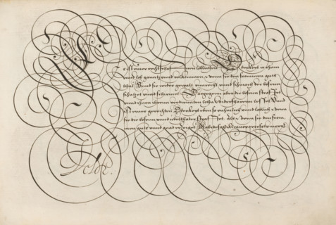 Writing example: Es ist, Spieghel der schrijfkonste, print, album page, ornamental print, Writing