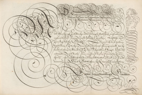 Writing sample: Den achtbarem unnd volgelartem, Spieghel der schrijfkonste, print, album page,