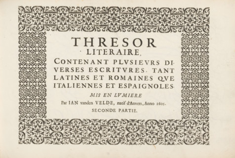 Subtitle in a frame of fleurons, Spieghel der schrijfkonste, Thresor literaire, contenant plusieurs