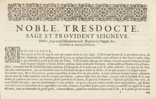 Dedication to Johan van Oldenbarnevelt, page 1 of 2, Noble, Tres-Docte, Sage et Provident Seigneur,