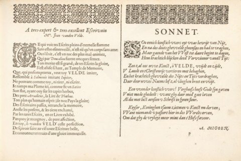 Two threshold poems, Spieghel der schrijfkonste, Thrésor litéraire, album page, text sheet, Text
