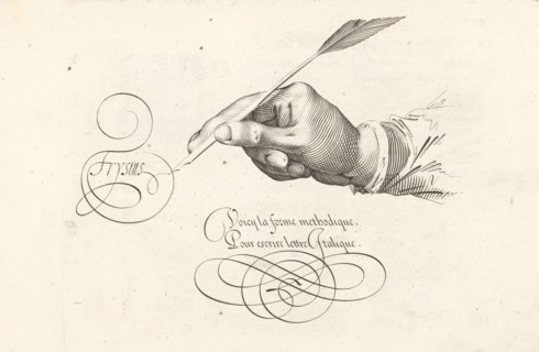 Right hand with quill, Spieghel der schrijfkonste, Thrésor litéraire, print, album page, ornamental