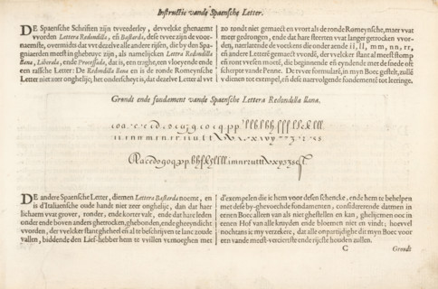 Description of the Spanish letter and a writing example of the Spaensche Lettera Redondilla Llana,