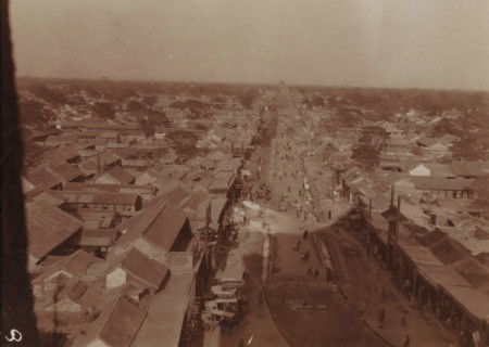 Bird's-eye view of a long shopping street in a vast city, China, photograph, inscription: