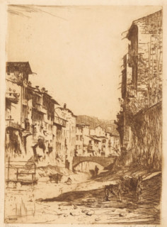 Verona (original title on object), print, A bridge over the almost dry bed of a river. Buildings on
