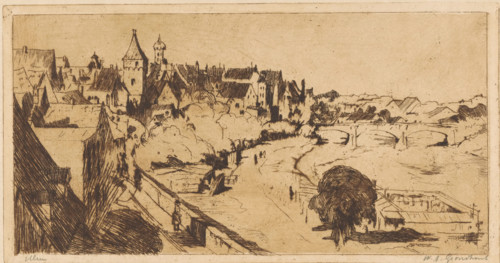 Ulm (original title on object), print, A bridge over the Danube in Ulm. To the left of the center a