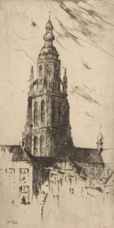 Tower of the Grote Kerk in Breda, print, printmaker: Willem Adrianus Grondhout (signed by artist),