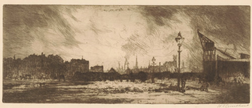 Harbour quay with lampposts in Rotterdam, print, A crane in the background on the right.,