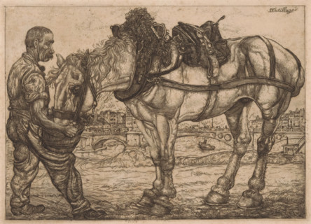 Man feeding a horse from a bucket, L'Outillage (original series title on object), print, In the