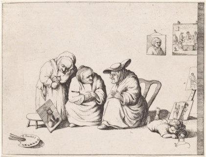 Three old women look at a painting of a cat, print, One of the women has a cat under her arm. On