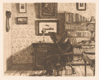 Reading man in an interior, print, In the middle of the room, a bald man with a beard is sitting in