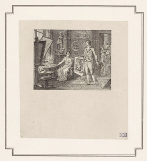 Woman visits an artist, print, A woman sits behind a table set up for making prints. In the middle