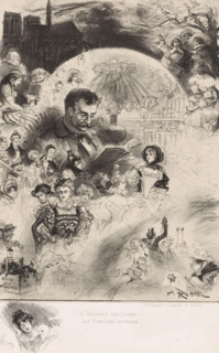 A travers les livres: les heroines du roman, Reading man surrounded by novel characters, print,
