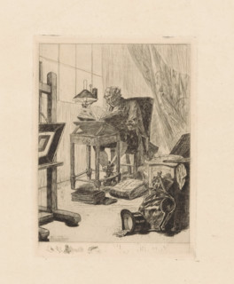 Man behind a reading table, print, printmaker: Félicien Rops, 1834 - 1898, paper, etching,