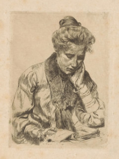 Reading woman, print, A woman reads in an open book lying on the table in front of her; she