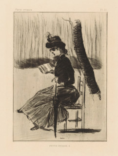 Woman with a book and an umbrella on a chair outside, Petits Croquis 5, print, Numbered top right: