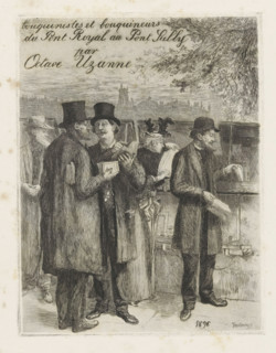 Bookstalls on a quay in Paris, Title page for: Octave Uzanne, Les Quais de Paris, 1896, print,
