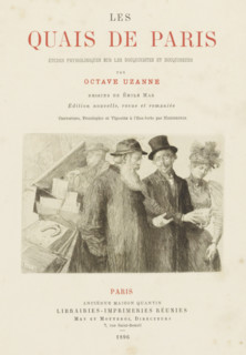 Man and a woman in conversation with a bookseller, Title page forward: Octave Uzanne, Les Quais de