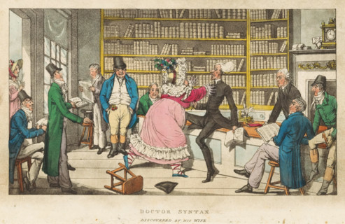 Doctor Syntax discovered by his wife, print, book illustration, Interior of a bookshop with Doctor