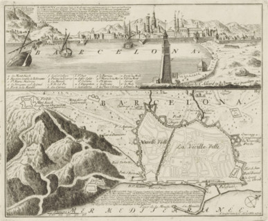 View and map of Barcelona, Barcelona, a Spanish city, the capital of Catalonia, Les Principales