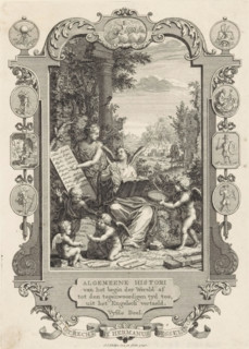 Title page for: Kornelis Westerbaen, Algemeene histori, 1740, Cartouche with allegory on the
