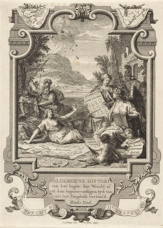 Cartouche with allegorical representation with History and Greek States, Title page front: Kornelis